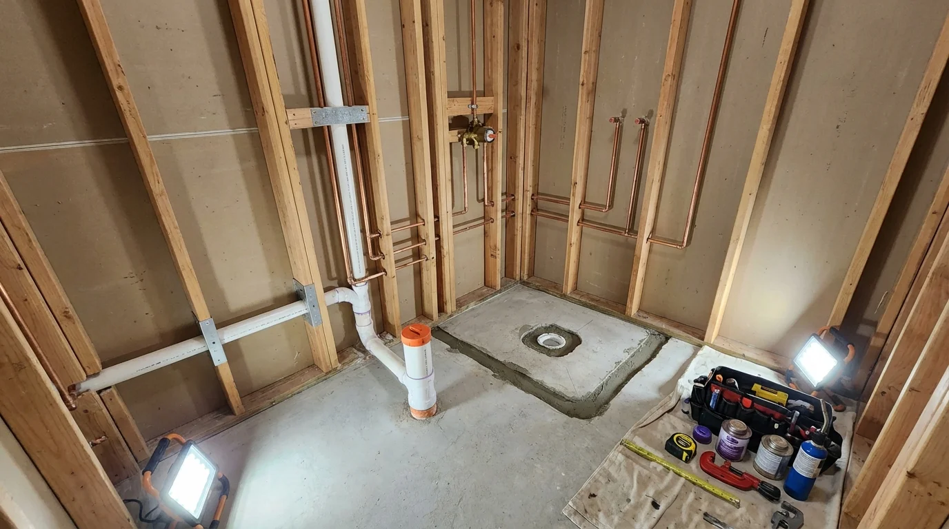 Bathroom rough-in plumbing during remodel by Johns Plumbing LLC in Welsh