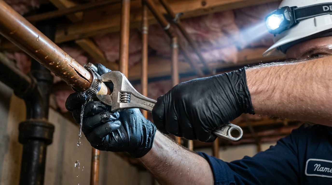 Emergency pipe clamp repair being performed by a Johns Plumbing LLC plumber in Welsh