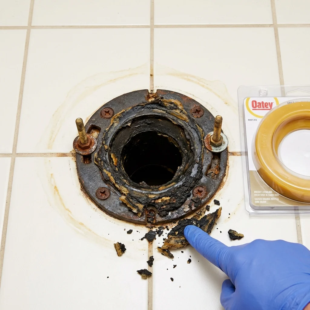 Failed wax ring showing water seepage at the base of a toilet in a Welsh, LA home