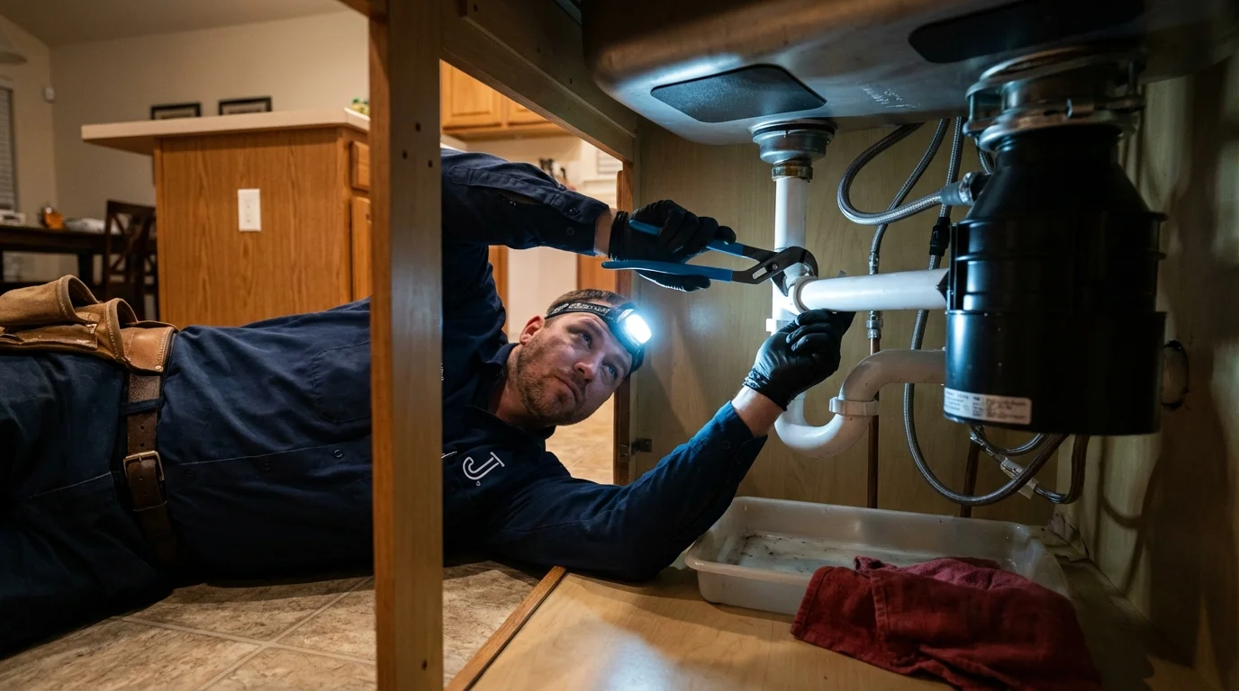 P-trap and supply line connections under a kitchen sink showing a common leak point in Welsh, LA